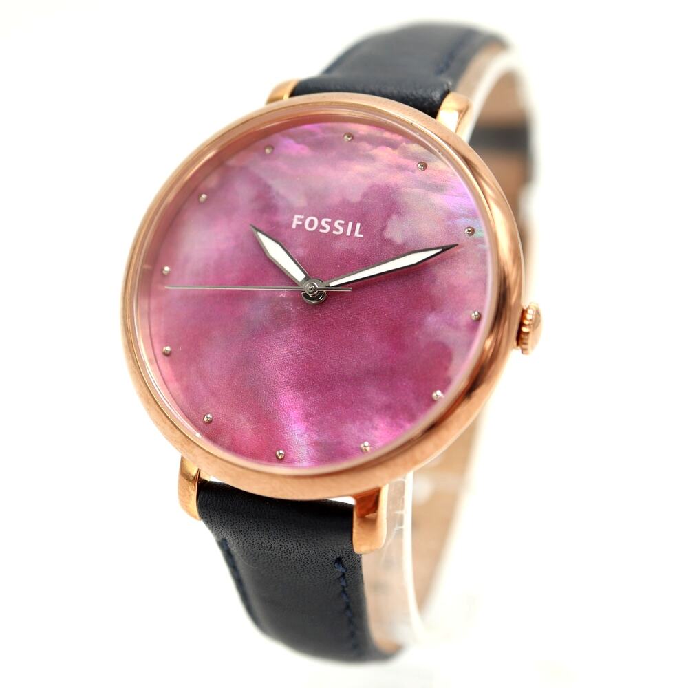 Fossil Rose Gold Tone Pink MOP 36mm Womens Watch Navy Blue Leather w New Battery
